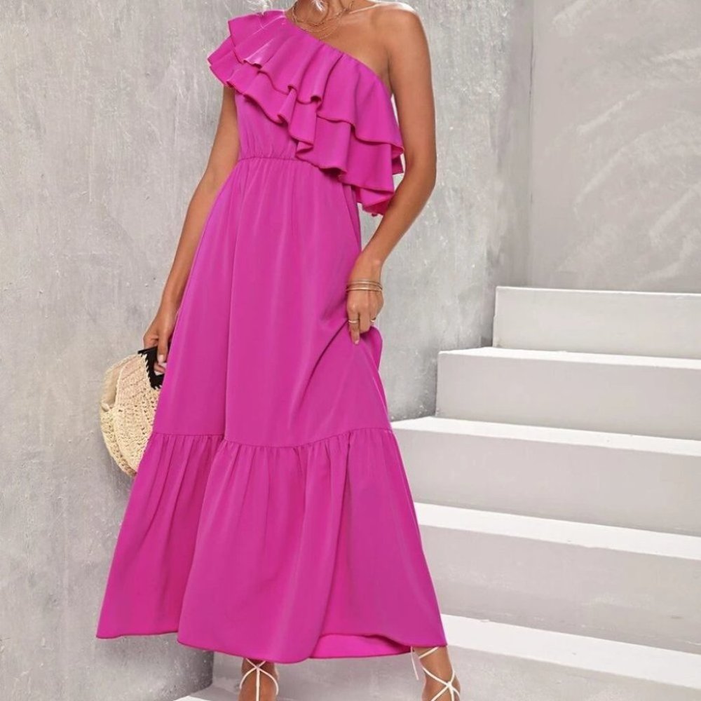 Stunning Pink Ruffled Detailed One Shoulder Maxi Dress - Picture 4 of 5